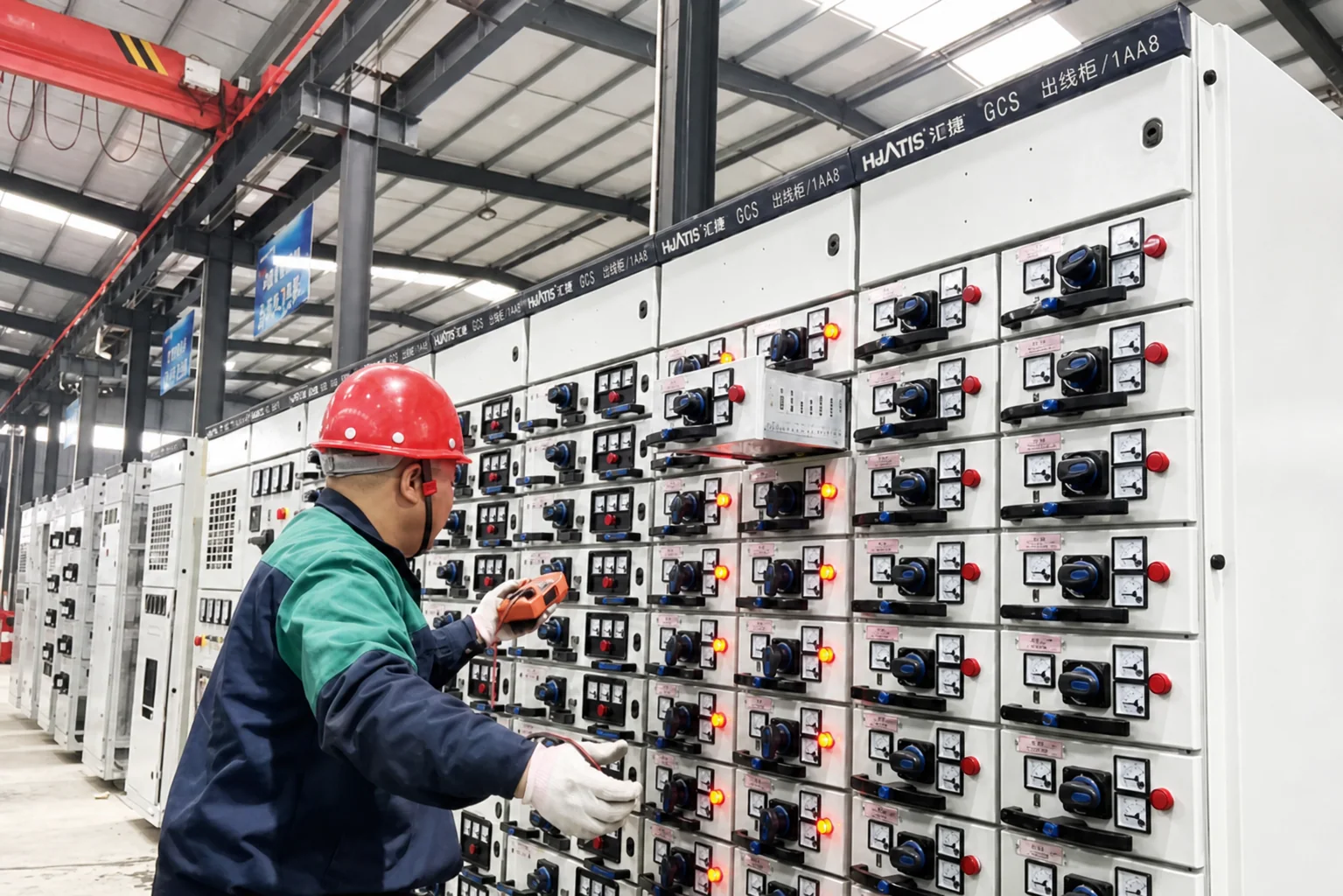 HJATIS technician inspecting a low-voltage switchgear lineup in the factory