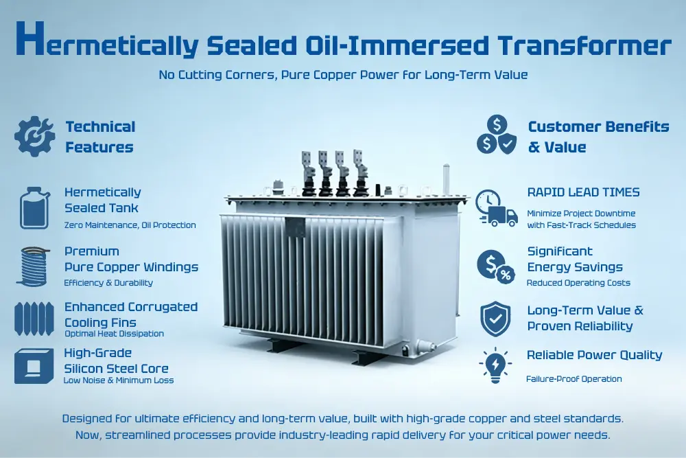 A professional product poster displaying a grey HJ-ODT Series Hermetically Sealed Oil-Immersed Power Transformer with extensive cooling fins. English text highlights: High Energy Efficiency, Maintenance-Free, Low Loss, and Lower Noise for superior performance.