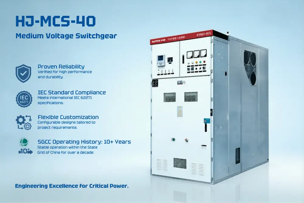 A detailed product poster showing the HJ-MCS-12 (KYN28A) Series Metal-Clad Switchgear. Features highlighted in English include rated voltage up to 12kV, premium KYN28A prototype upgrade, rigid arc control & operational safety with five-proof interlocks, and full IEC standard compliance
